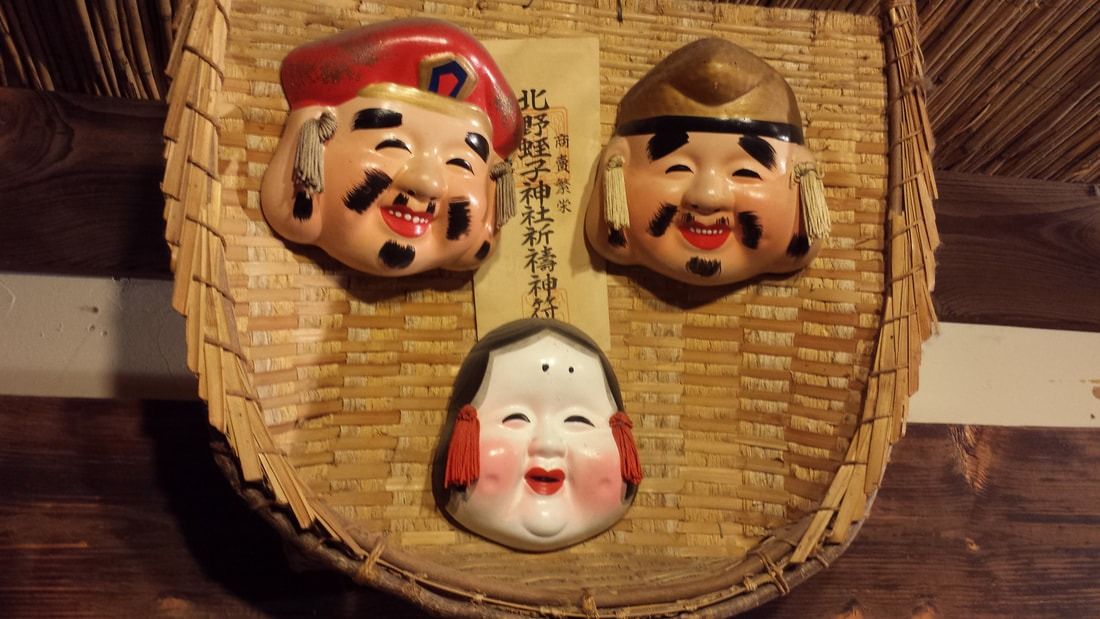 Three painted folk masks on a woven basket in the museum